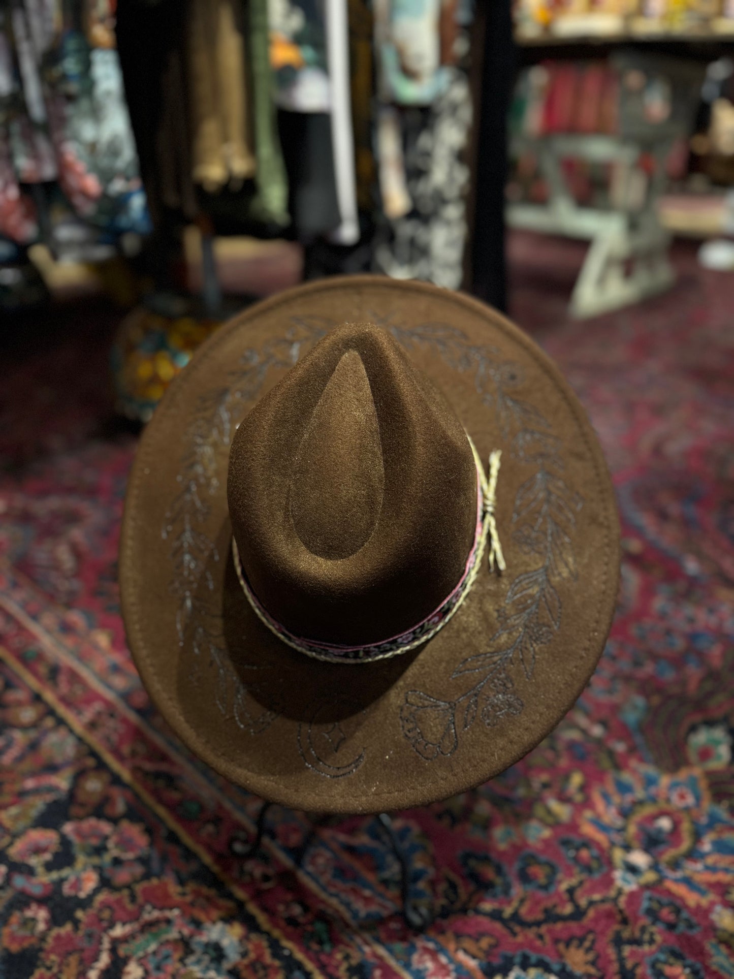 Burnt Floral Vines on NYMF Brown Marble Hat - Hannah King*