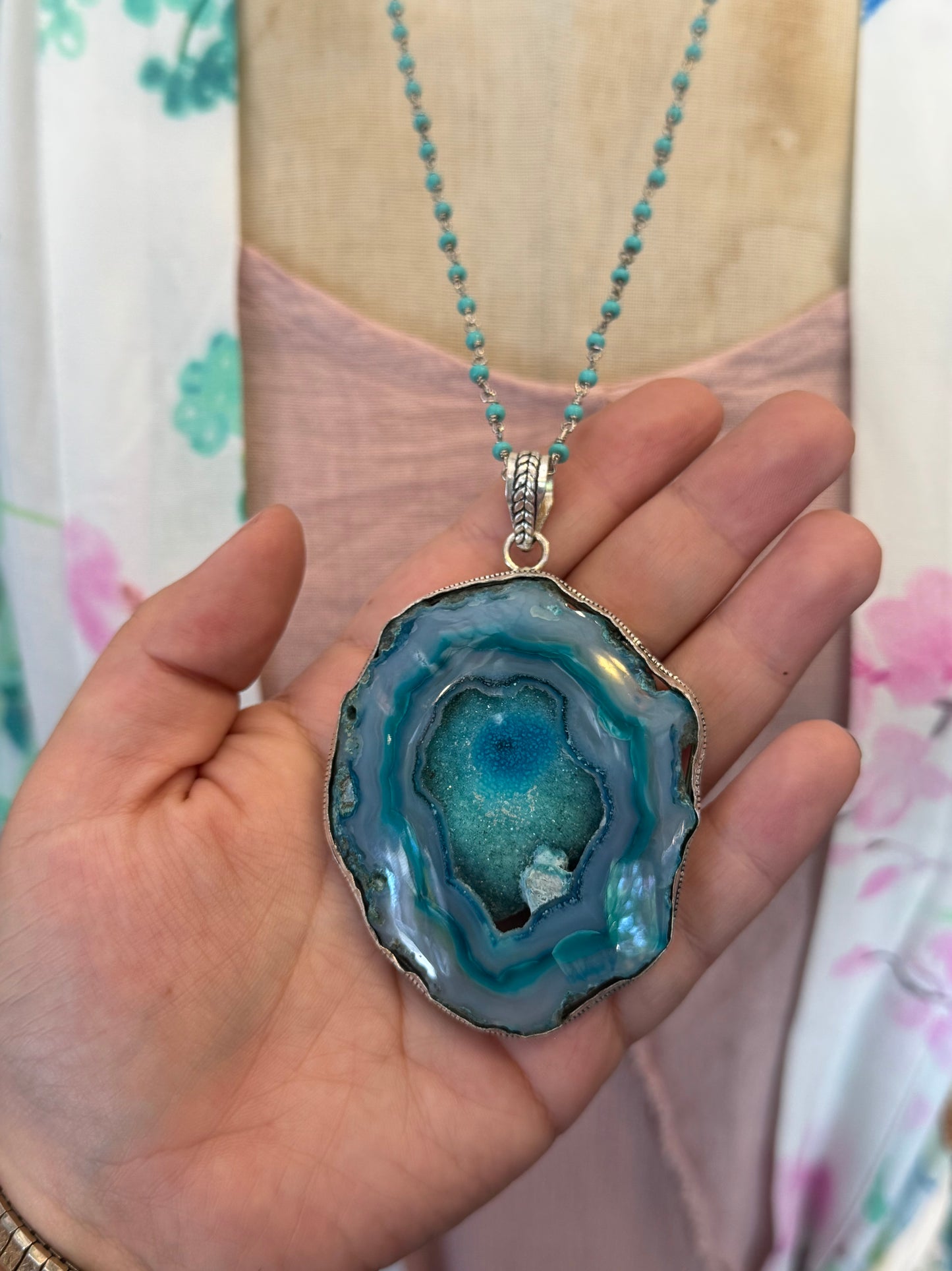 Dyed Large Blue Agate Slice Pendant