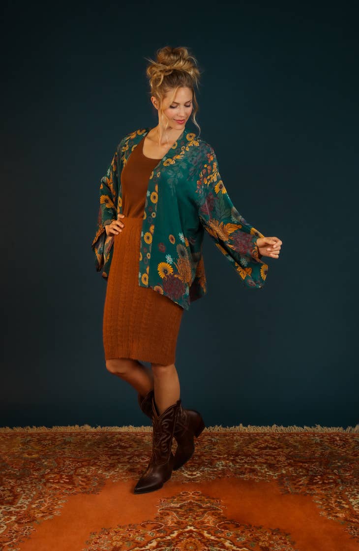 Luxe Trailing Wisteria Kimono Jacket - Teal - La De Da