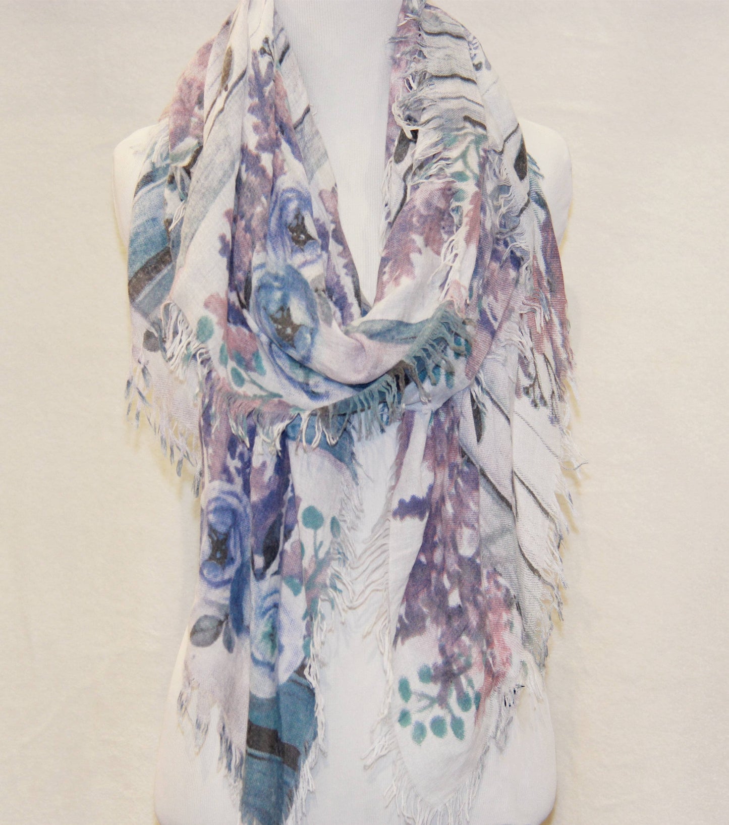 Teal Floral Rose & Lavender Fringe-Accent Scarf