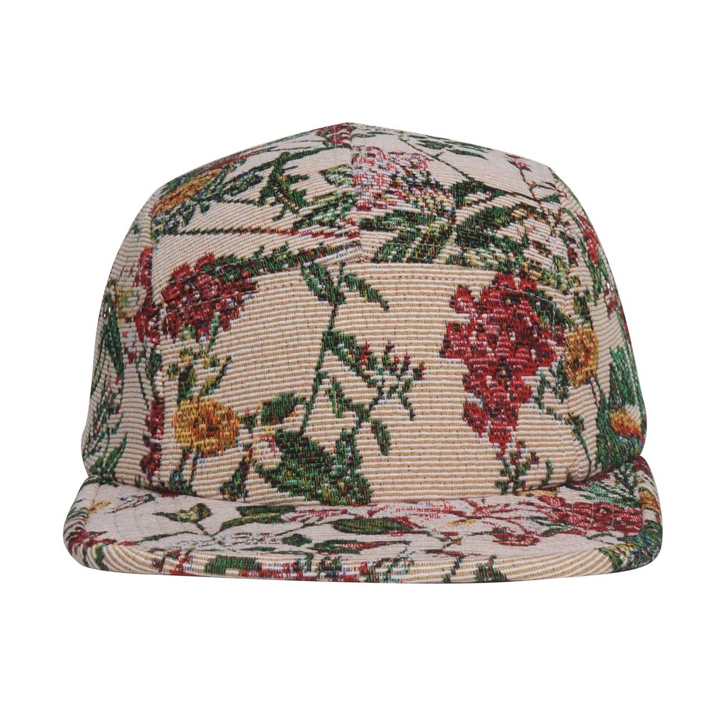 Flower Multicolored Jacquard 5 Panel Hat Camp Cap - Beige