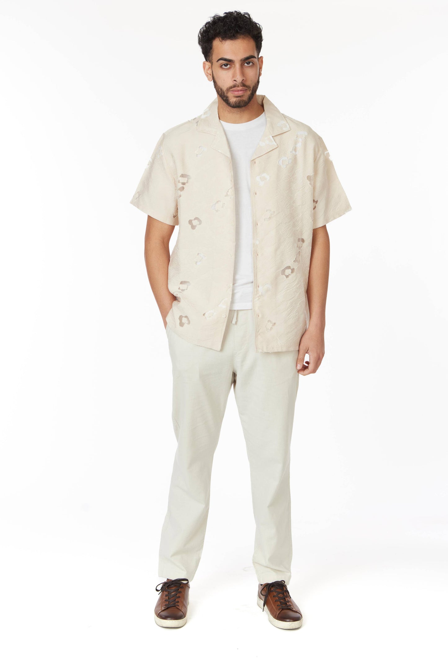 Textured Short Sleeve Men's Shirt - Ivory Floral