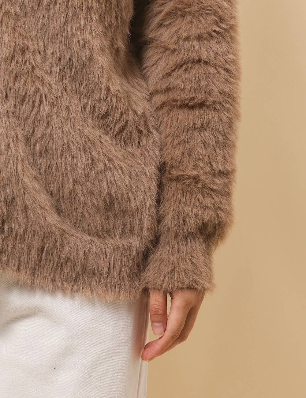 Ladies Solid Color Faux Mink V-Neck Cardigan - Khaki