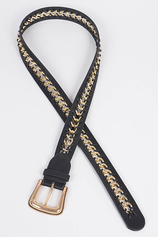 Chain Inside Frame Buckle Belt - Black/Gold