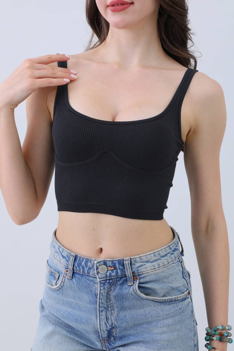 Seamless Ribbed Bralette with Underbust Band โ Wireless Soft - Black