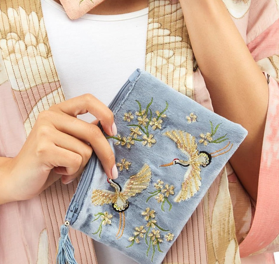 Heron Embellished Pouch - Steel Blue - La De Da