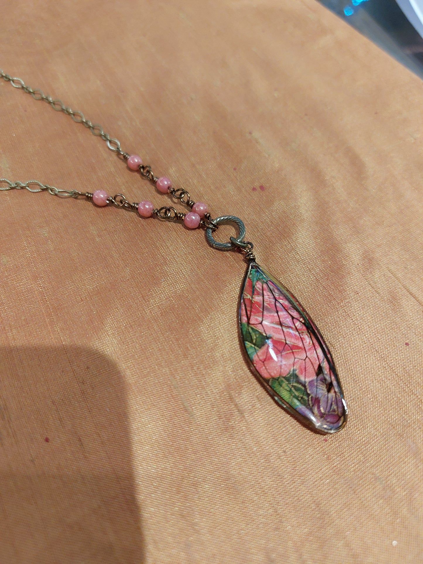 Cicada Wing on Pewter Chain Beaded Necklace * N208
