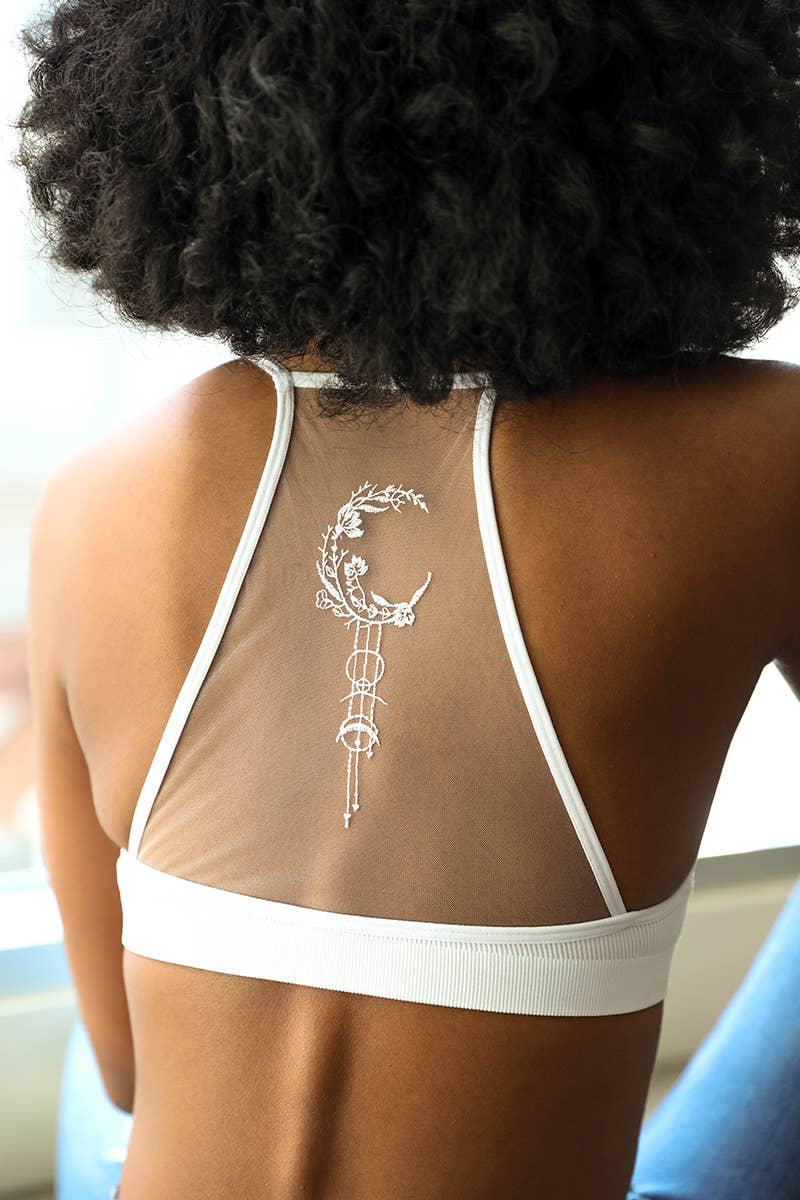 Crescent Moon Dream Catcher Tattoo Mesh Bralette - White