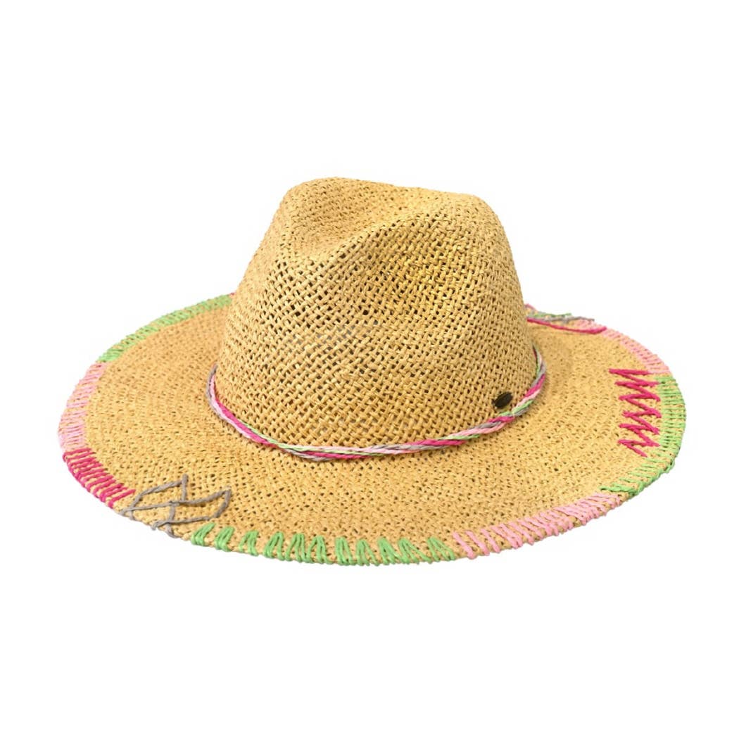 Multi-Colored Stitched Brim Panama Hat - Light Brown