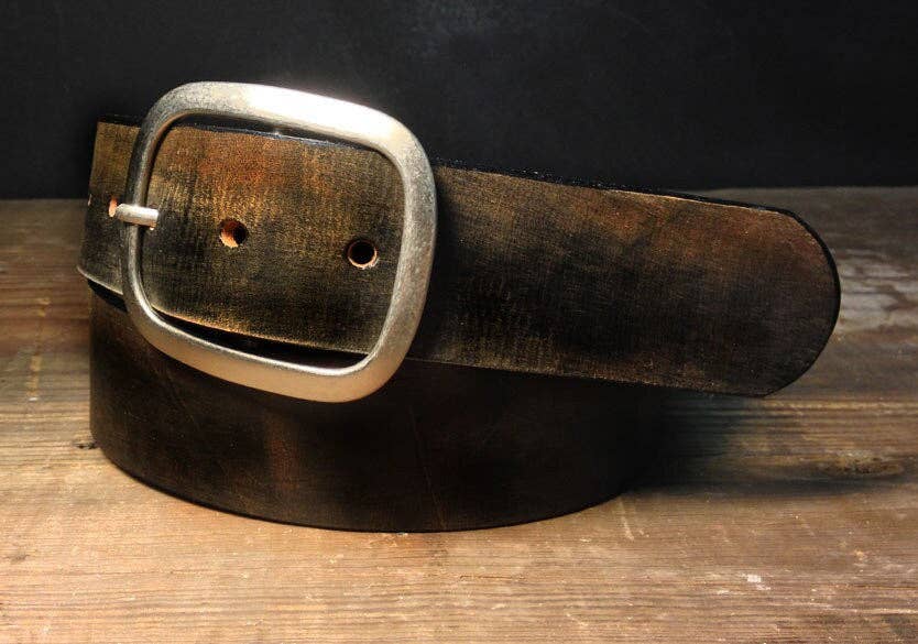 Vintage Distressed Black Brown Leather Belt with Antique Silver Buckle