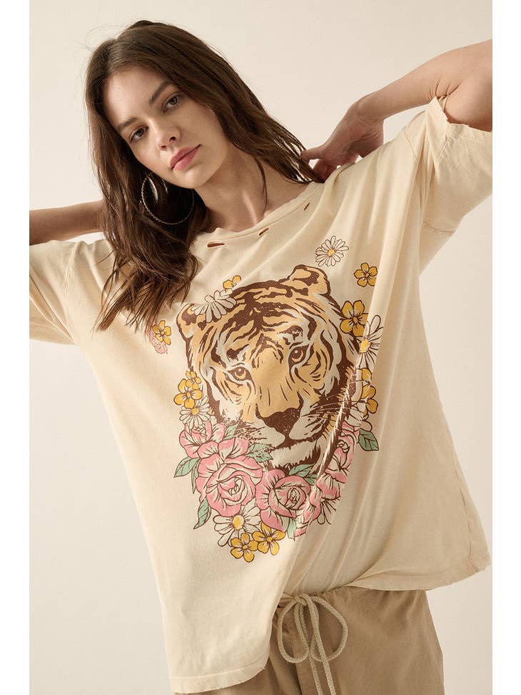 Floral Tiger Distressed Vintage-Wash Tee - La De Da