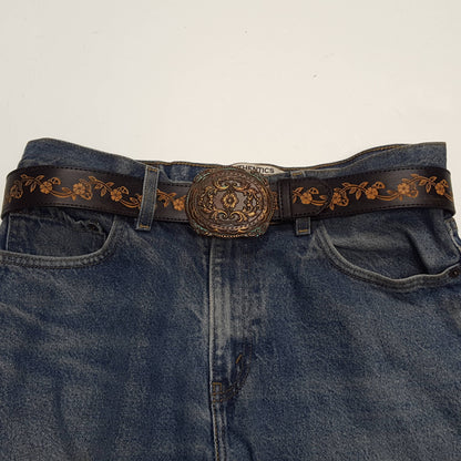 Western Brass/Patina Vintage Floral Tooled Belt - Black