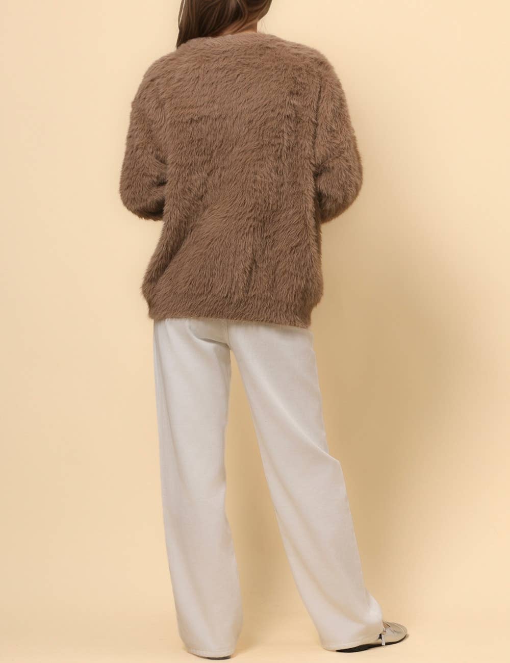 Ladies Solid Color Faux Mink V-Neck Cardigan - Khaki