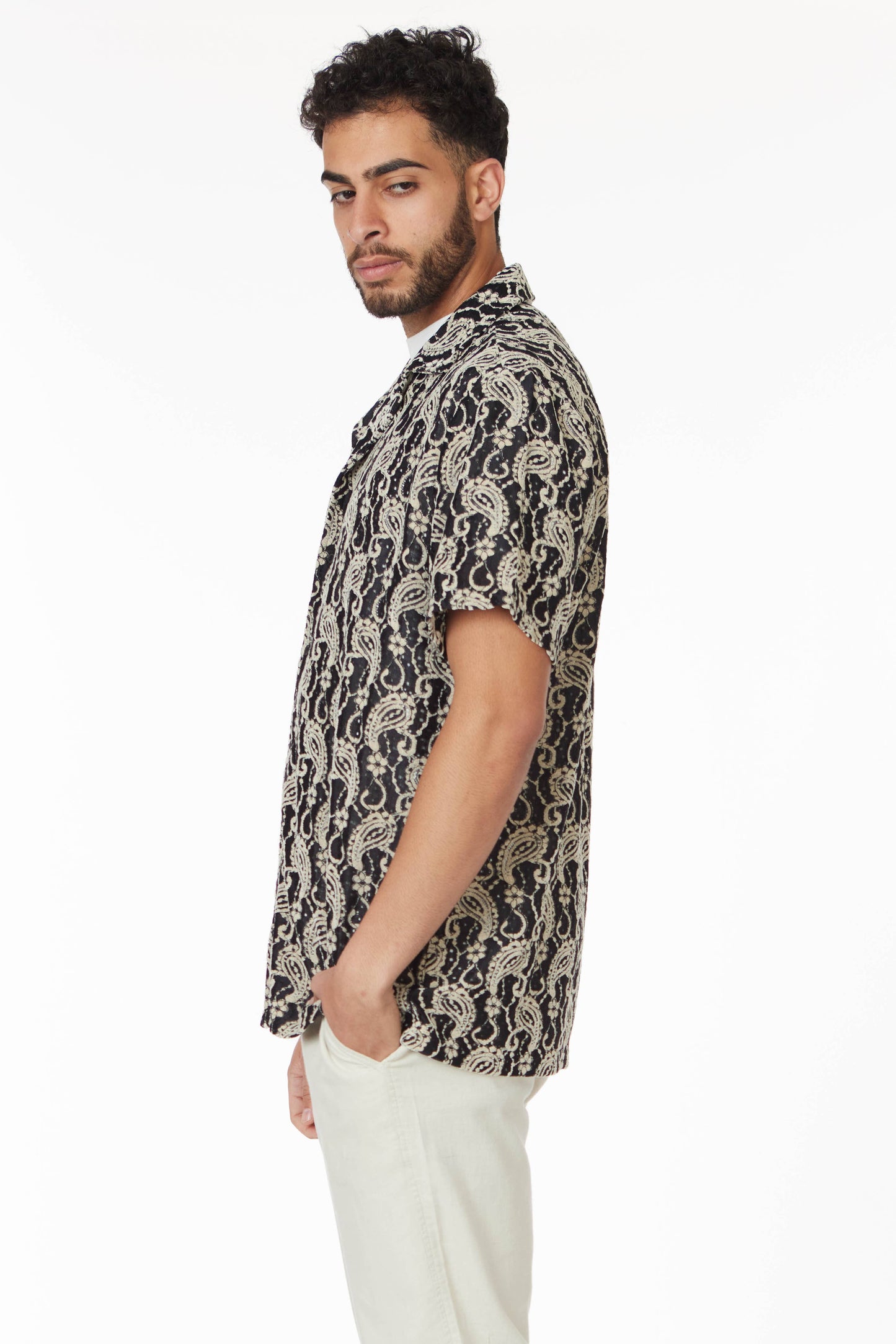 Crochet/Textured Short Sleeve Men's Shirt - Black/Beige