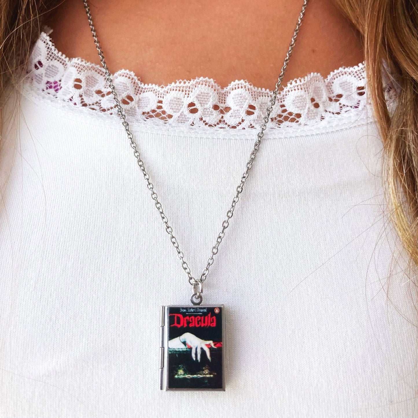 Book Locket Dracula - Black with Lingering Hand - Stainless Steel