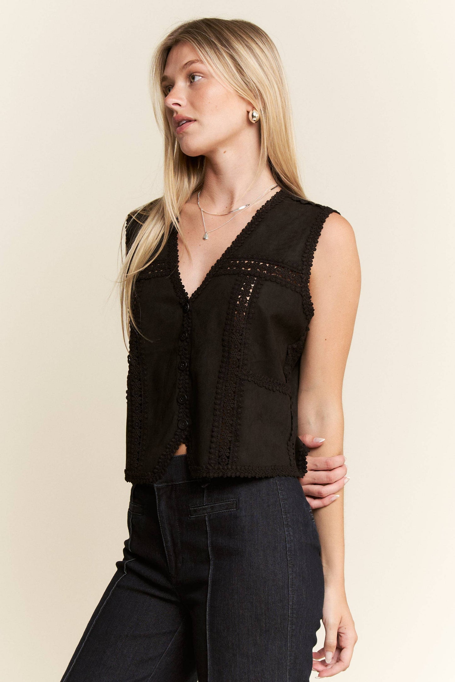 PLUS Suede Vest With Lace Trim - Black