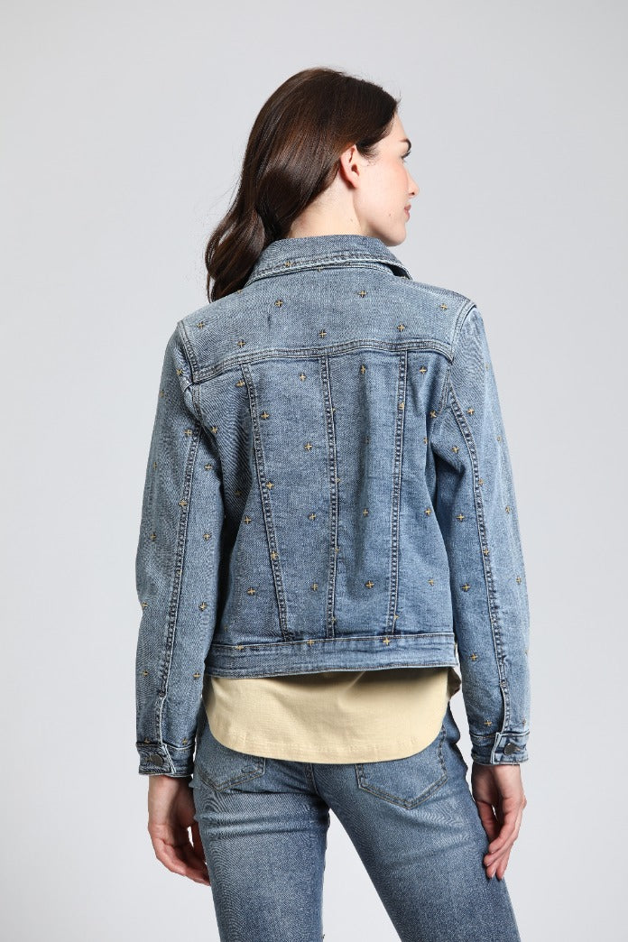 Cross Embroidered Jean Jacket - Indigo