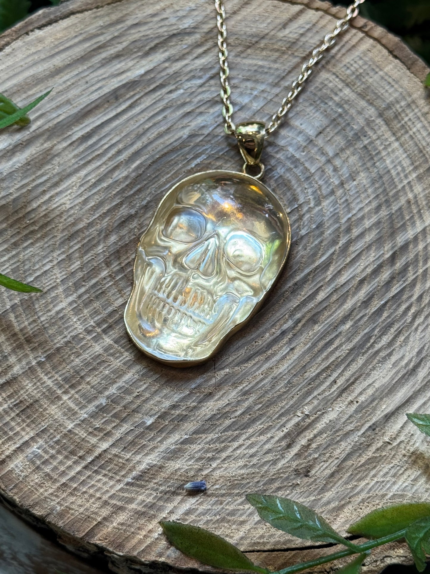 Clear Quartz Golden Skull Necklace