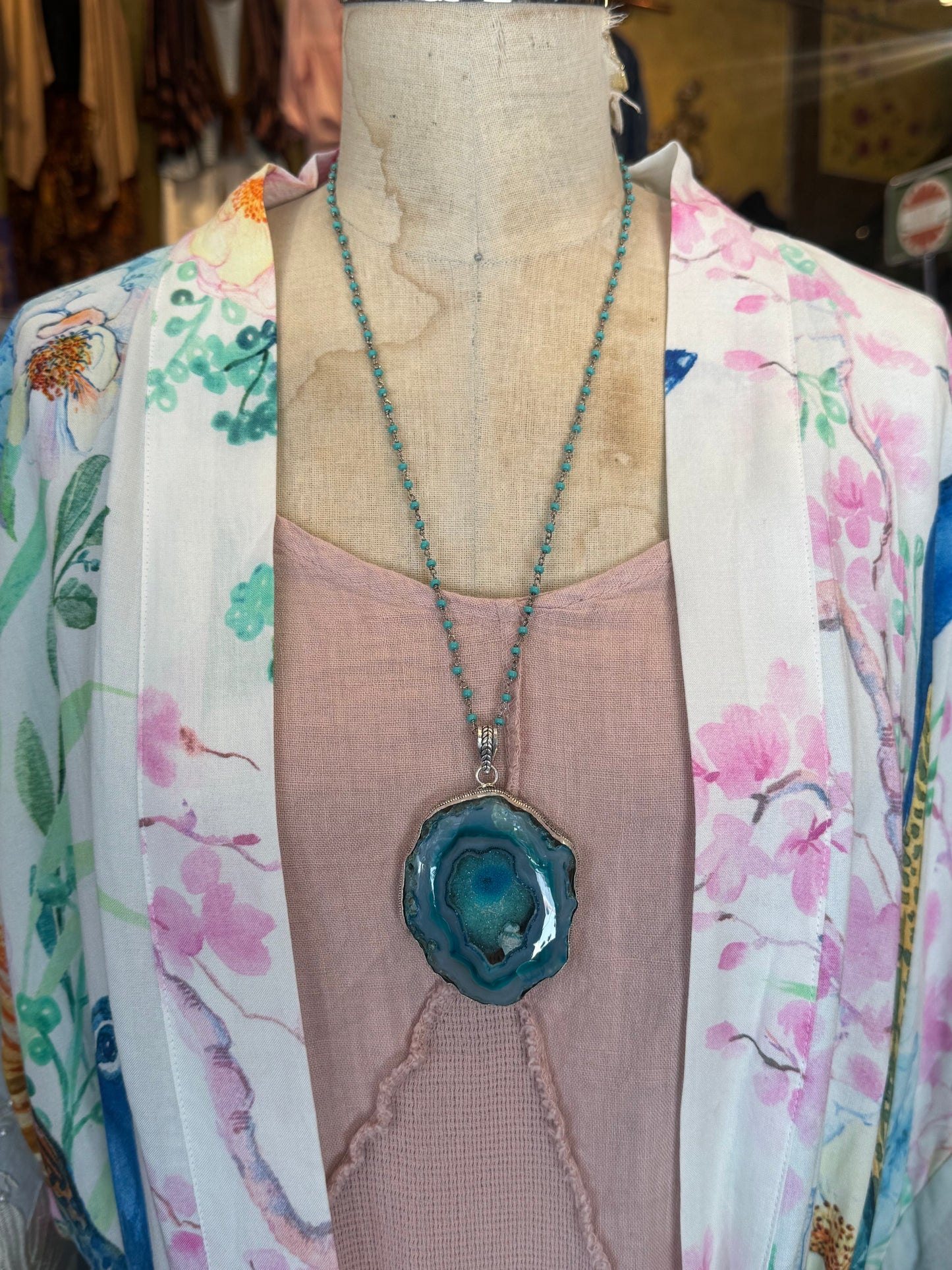 Dyed Large Blue Agate Slice Pendant