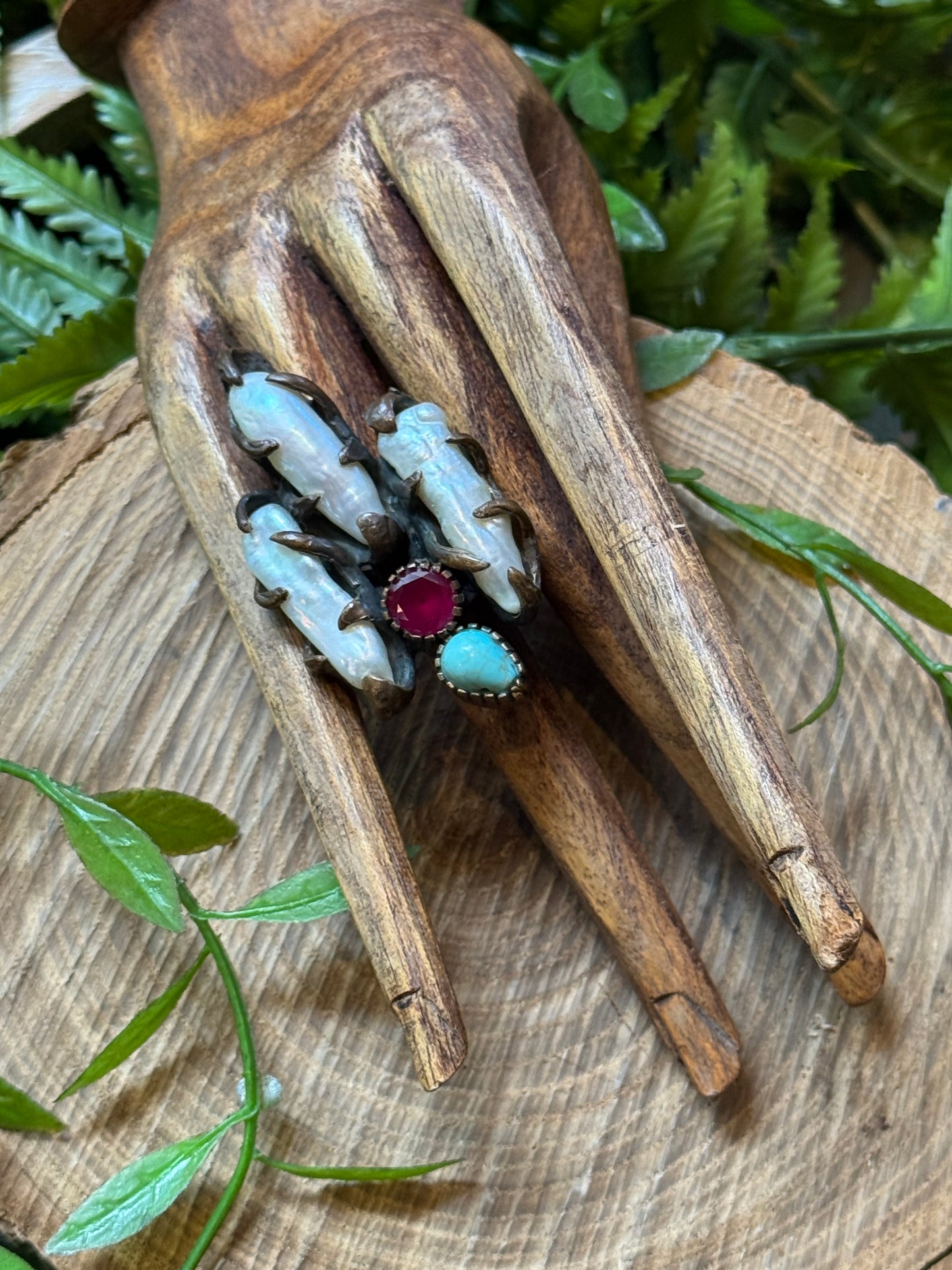 3 Pearl with Turquoise & Ruby Ring