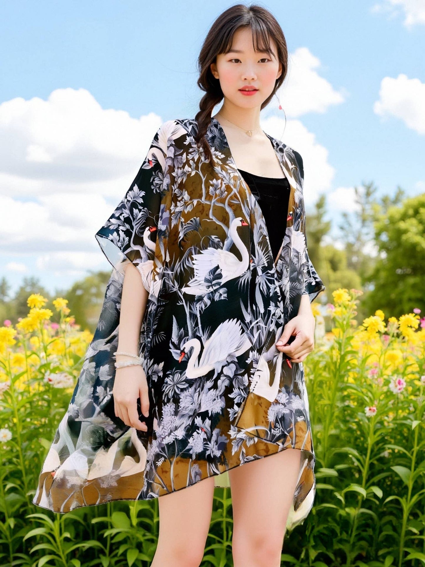 Black-White Swan & Floral Kimono/Cover-Up