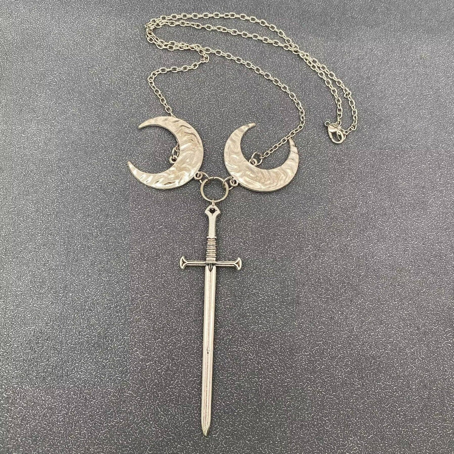 Double Moon Silver Tone Longsword Charm Necklace