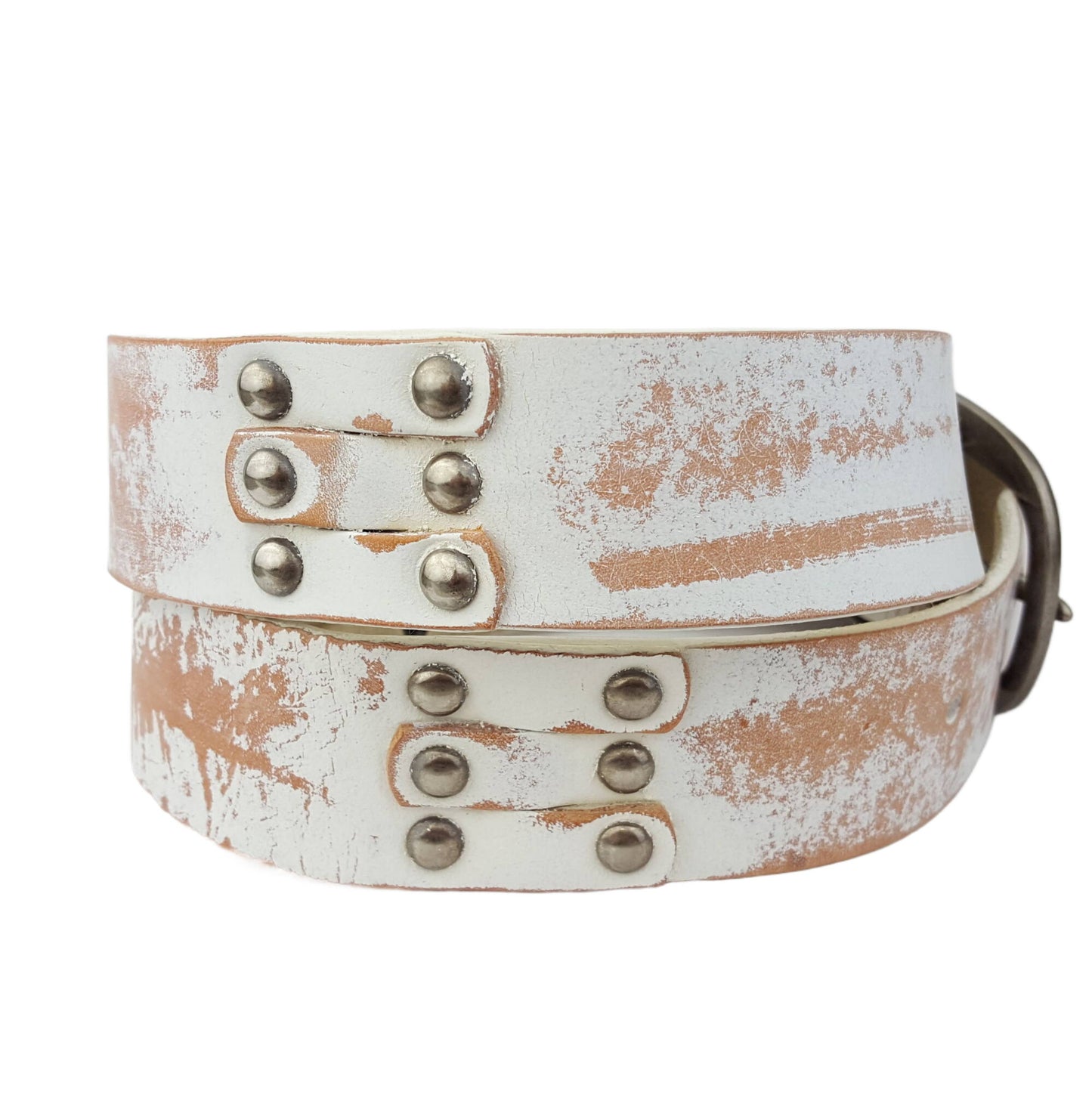 Genuine Studded Leather Belt - Distressed White