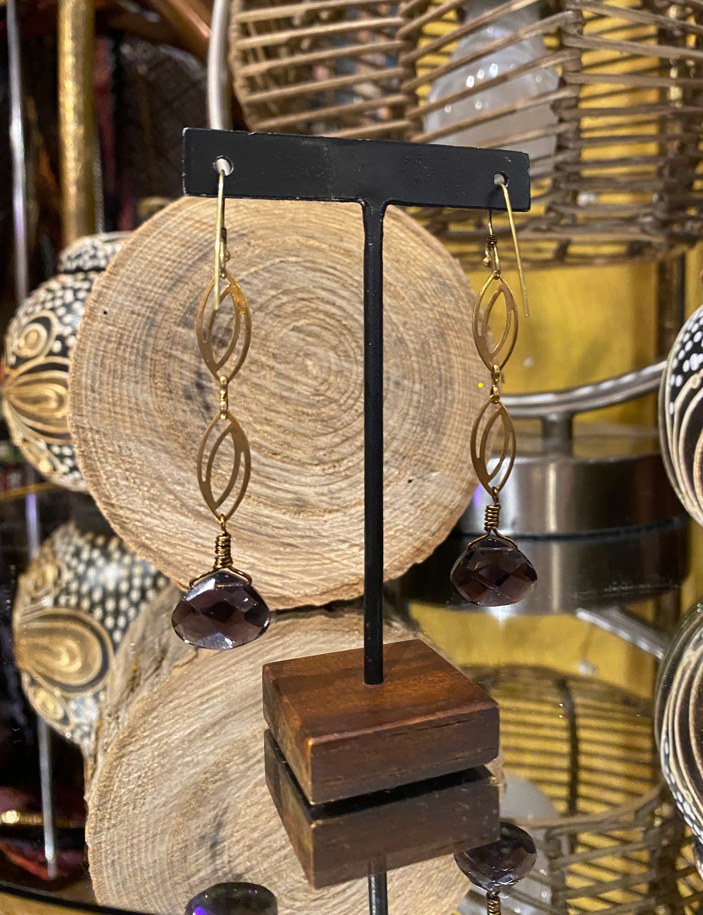 Vintage Brass Chain Earrings - Amethyst