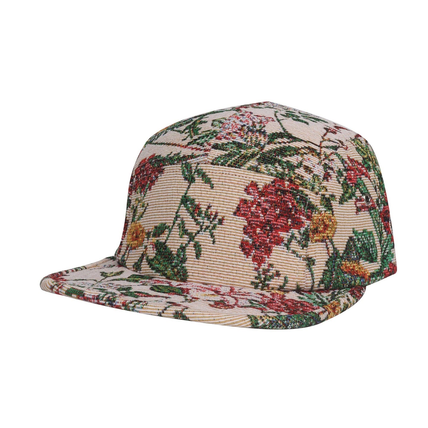 Flower Multicolored Jacquard 5 Panel Hat Camp Cap - Beige