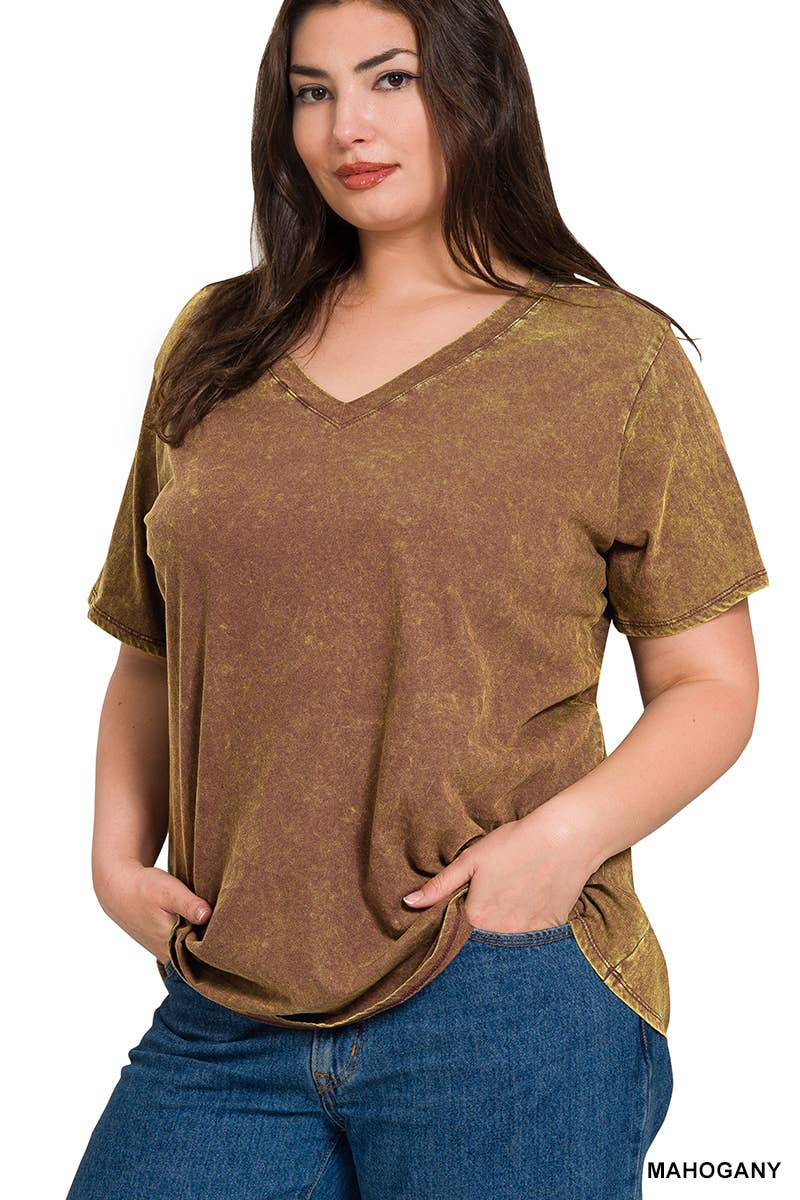 Plus Size Washed Short Sleeve V Neck Top - MAHOGANY