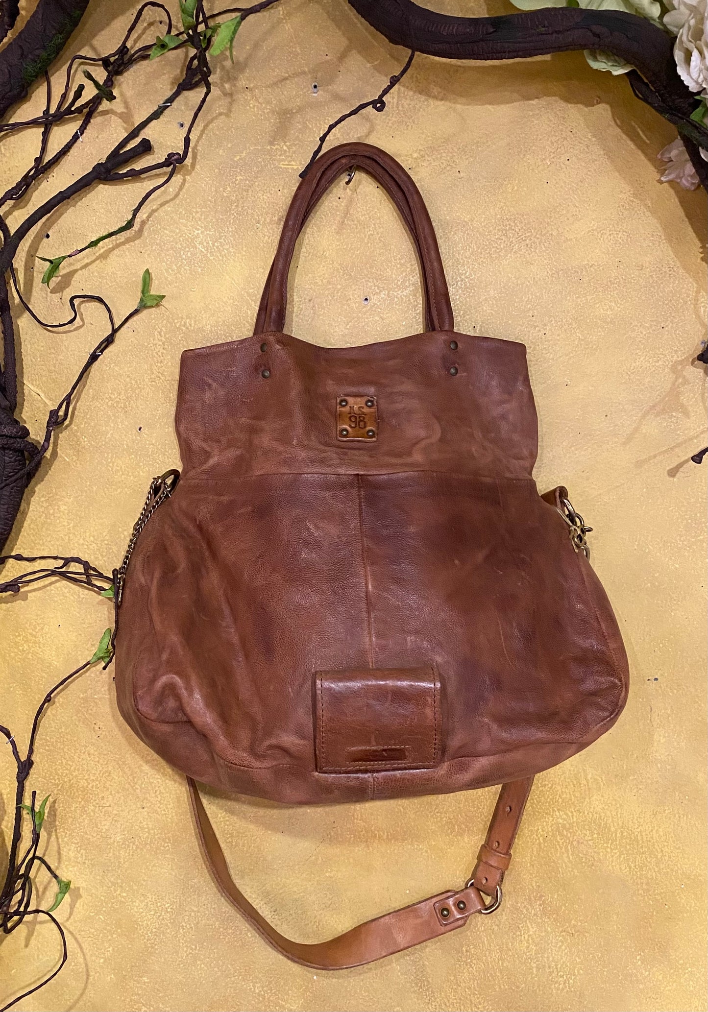 Folded Top Leather Crossbody Bag - Camel