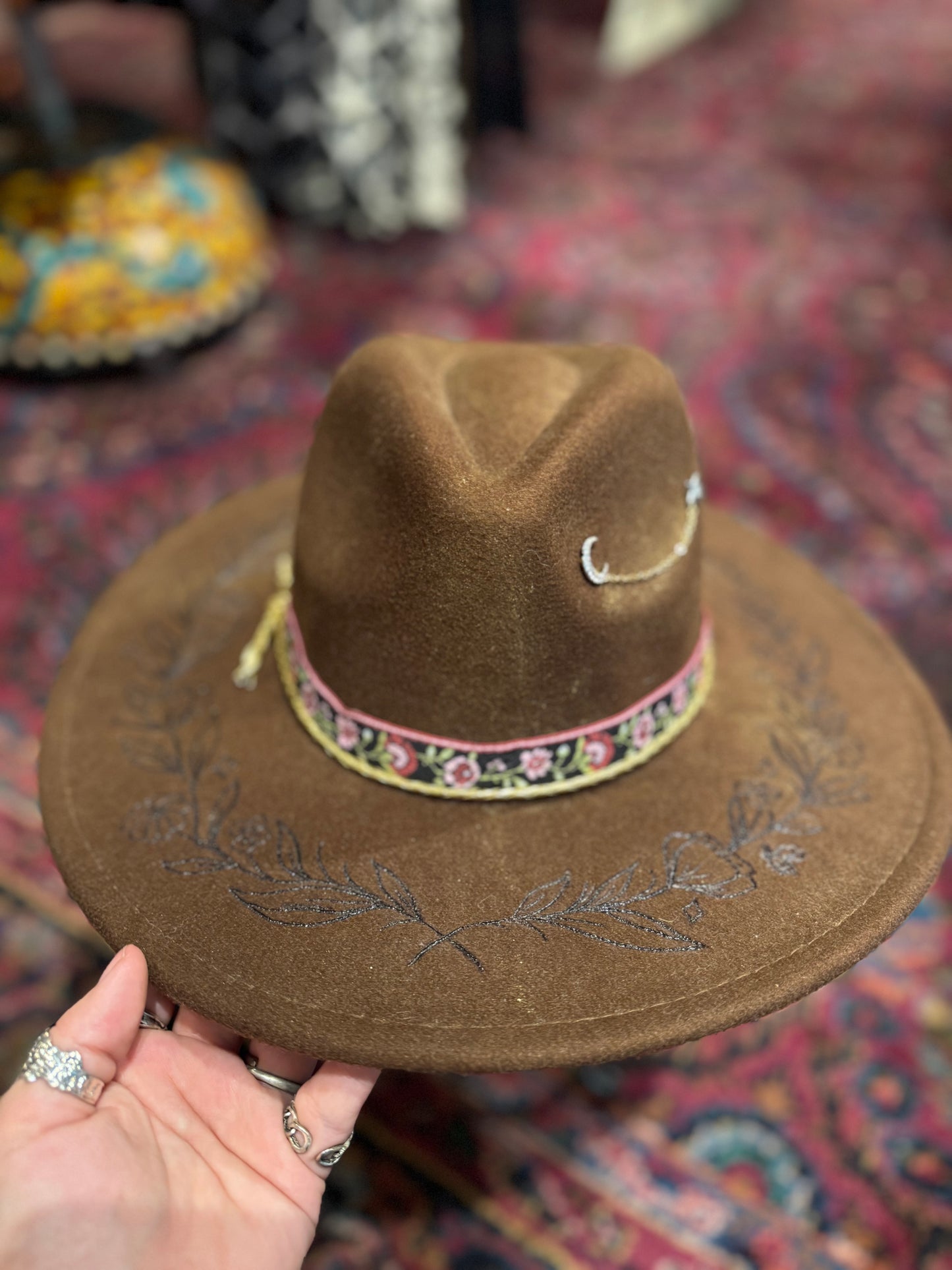 Burnt Floral Vines on NYMF Brown Marble Hat - Hannah King*