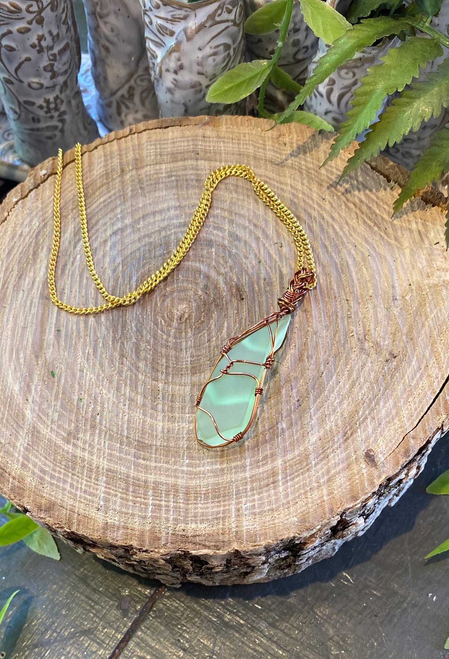 Bronze/Copper Wrapped Uranium Glass Necklace #IV117