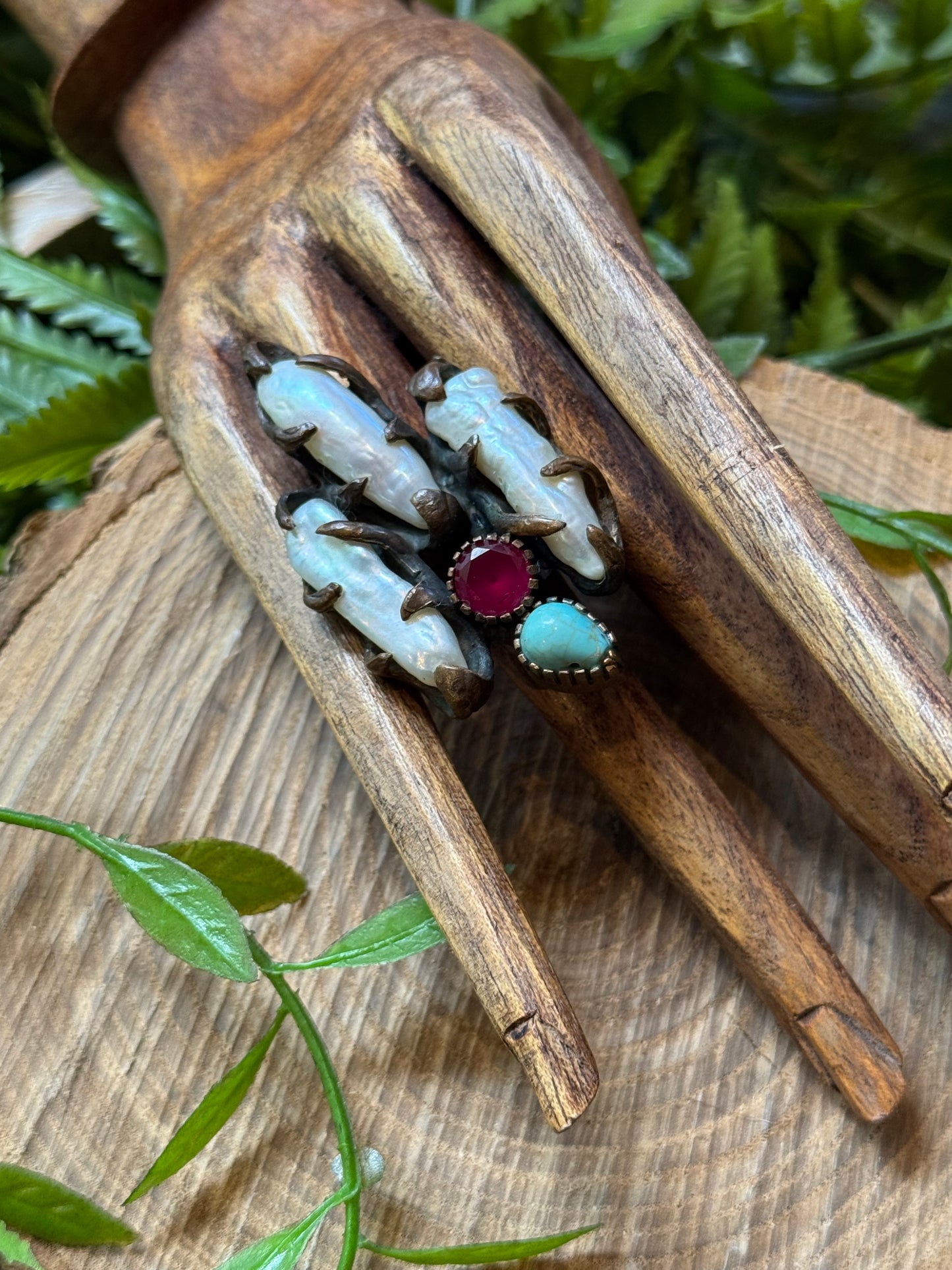 3 Pearl with Turquoise & Ruby Ring