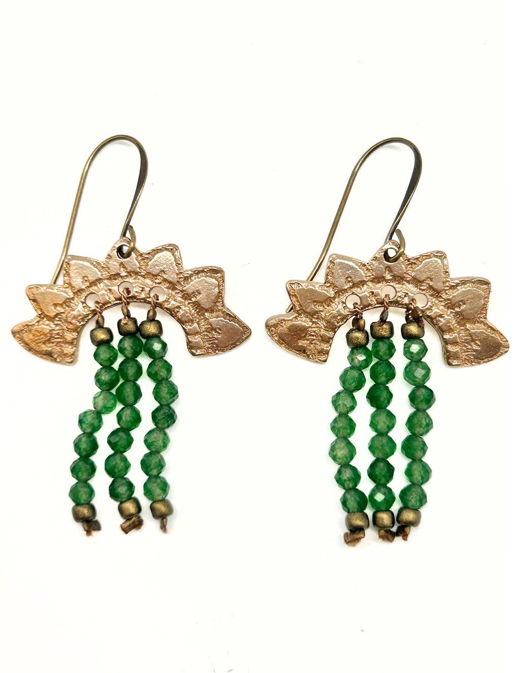 Lace Fan with strung beads Earrings- Green Onyx