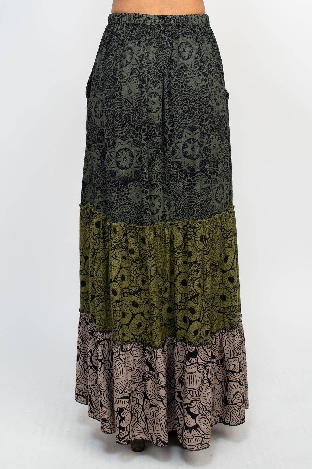 Tiered Lace Print Maxi Skirt - Sage