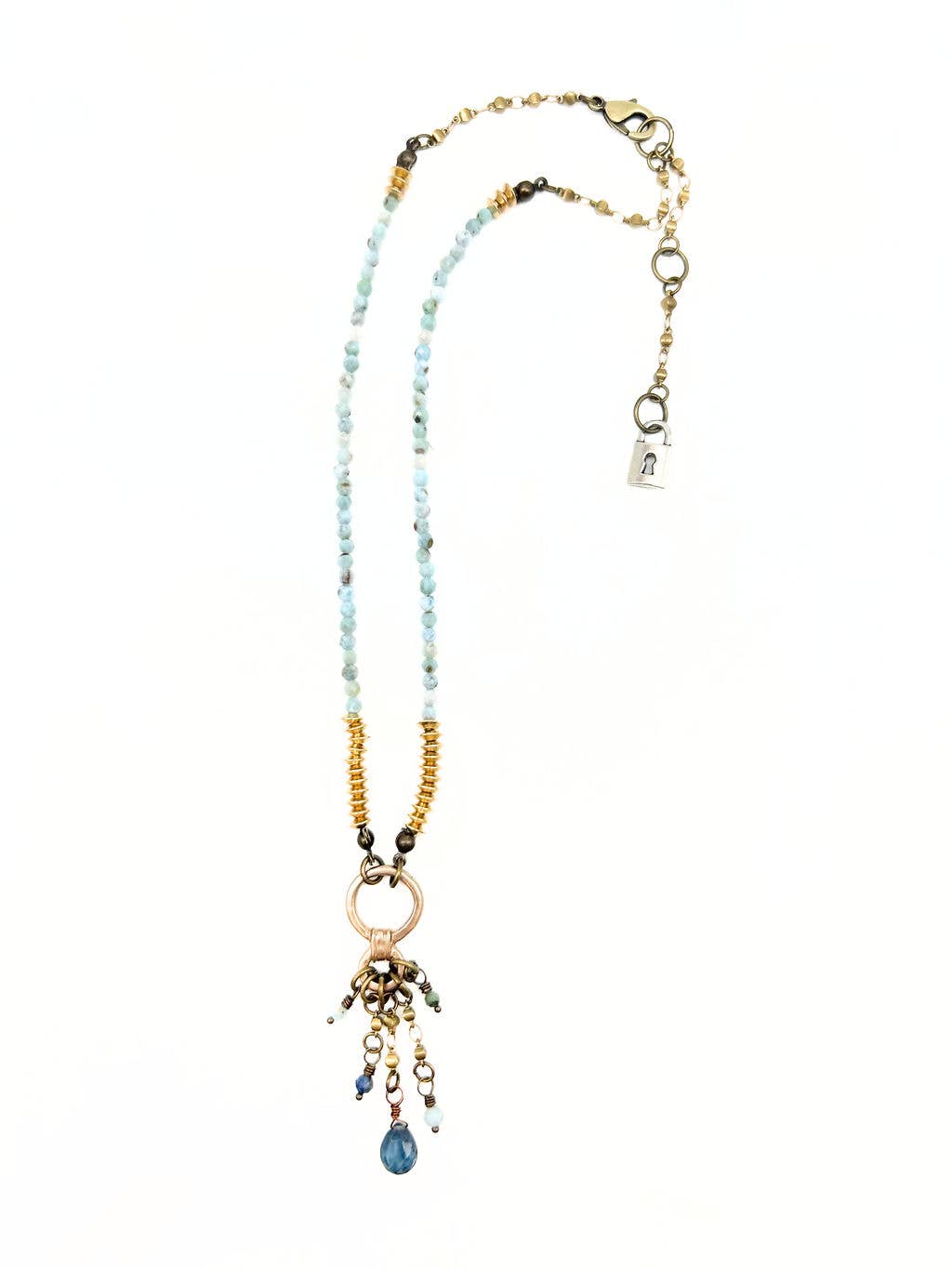 Graduated O ring with burst of stones and beaded chain - Larimar/teal kyanite