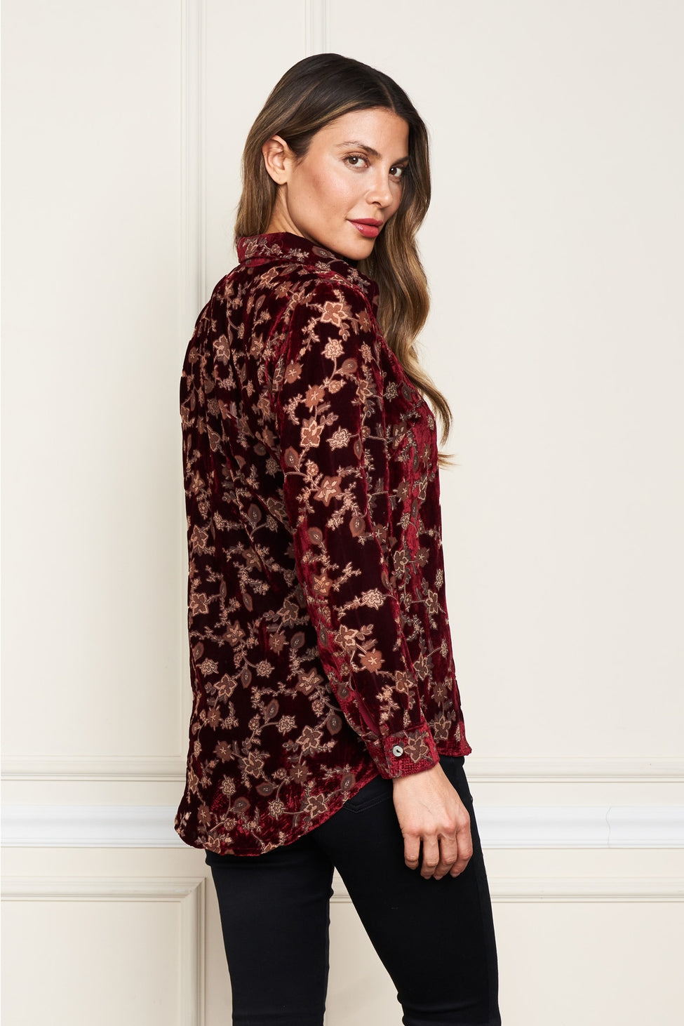 Velvet Burnout Button Front Shirt - Burgundy