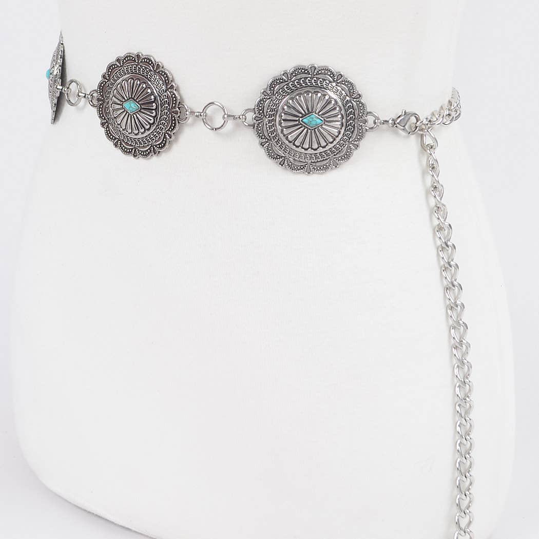 Western Style Metal Chain Belt - Turquoise Embellished Shield