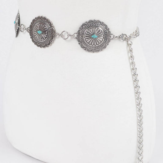 Western Style Metal Chain Belt - Turquoise Embellished Shield