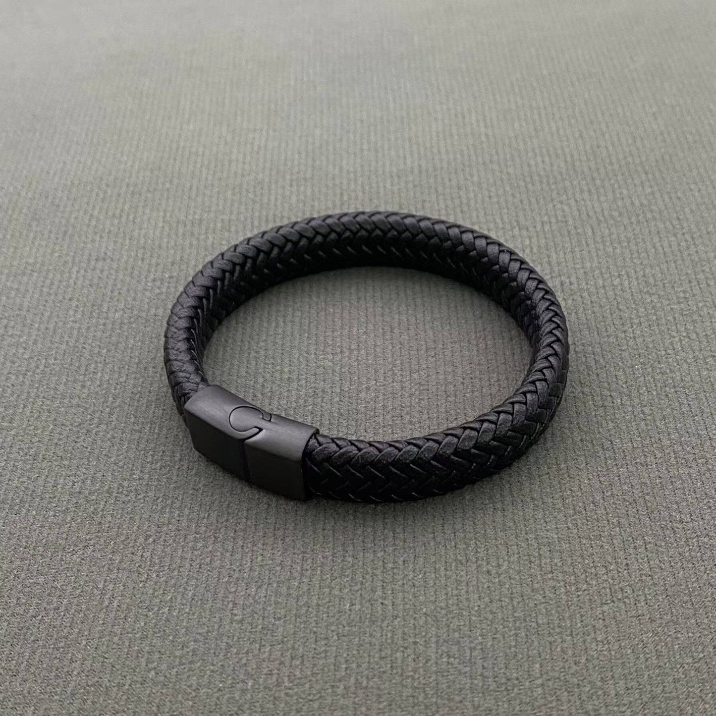 Black PU Leather Men's S.Steel Magnetic Buckle Bracelet