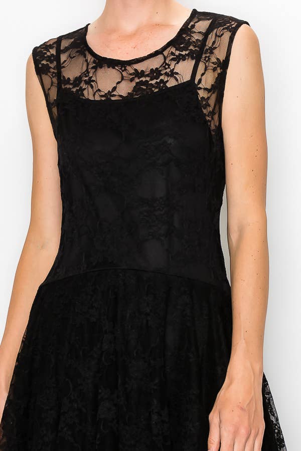 Whimsical Sleeveless Lace Midi Dress With Unattached Slip - Black
