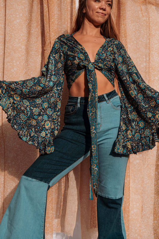 Silk Bell Sleeve Hippie Boho Wrap Top - Blue