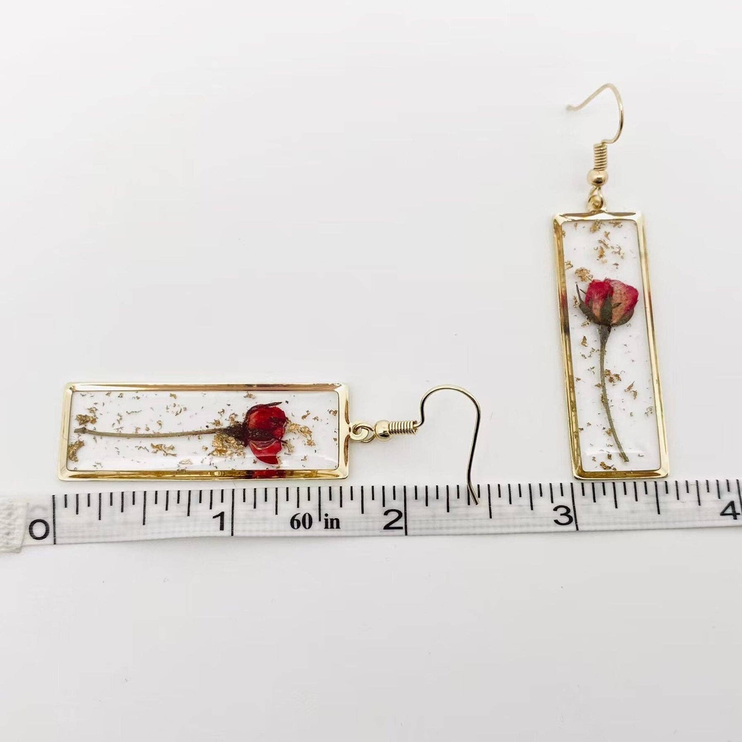 Rectangular Rose Dried Flowers Dangle Earrings