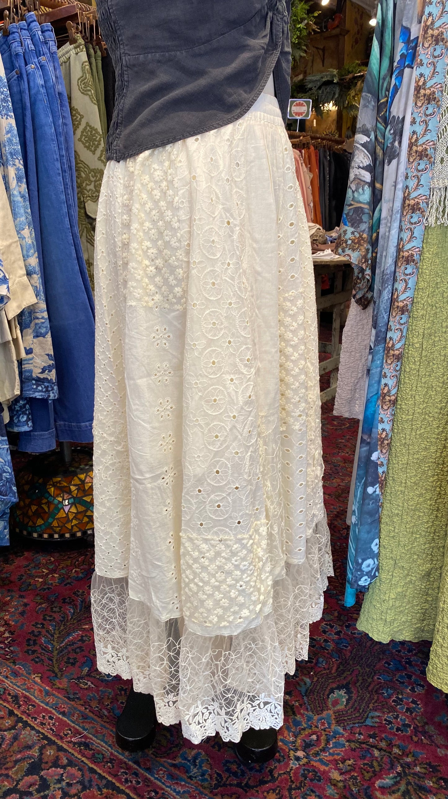 Floral Eyelet Maxi Skirt - Cream