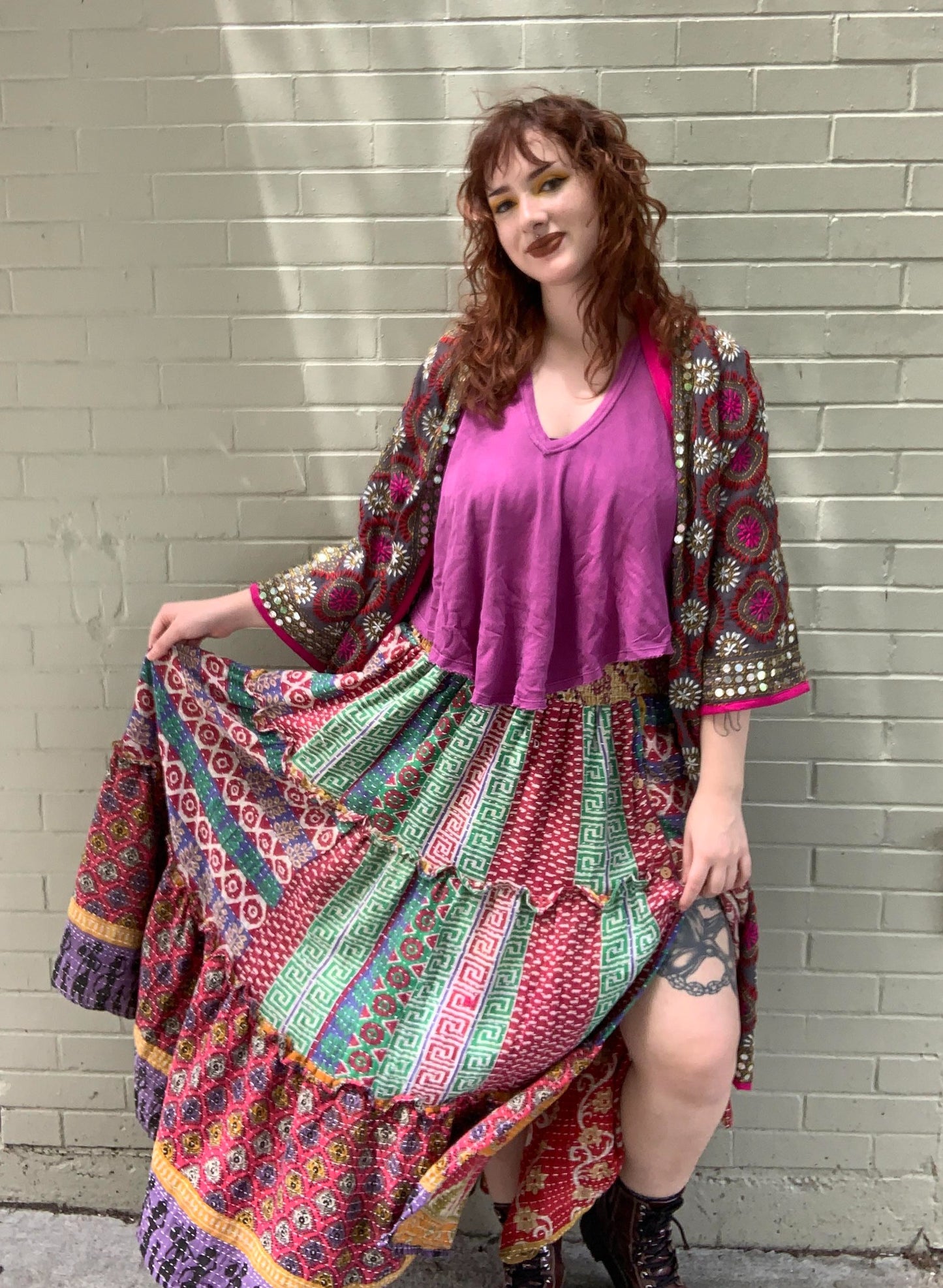 Embellished Embroidered Kimono - Brown/Pink - La De Da