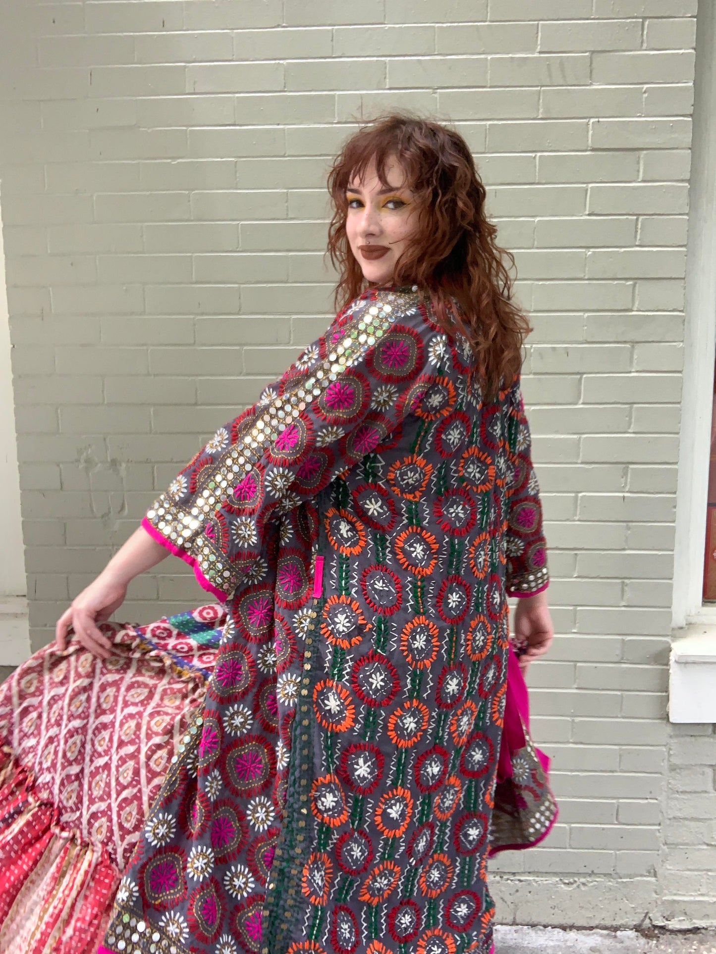 Embellished Embroidered Kimono - Brown/Pink - La De Da