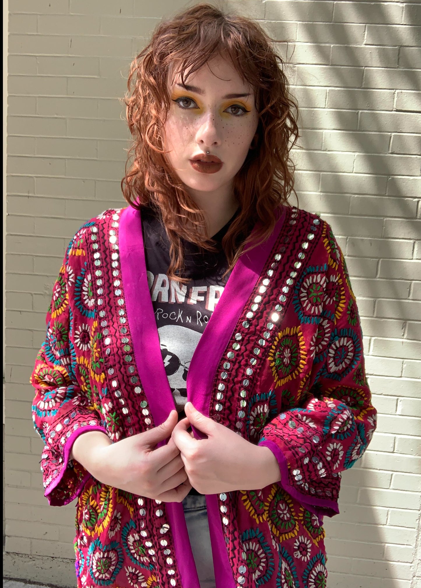 Embellished Embroidered Kimono - Pink/Orange - La De Da