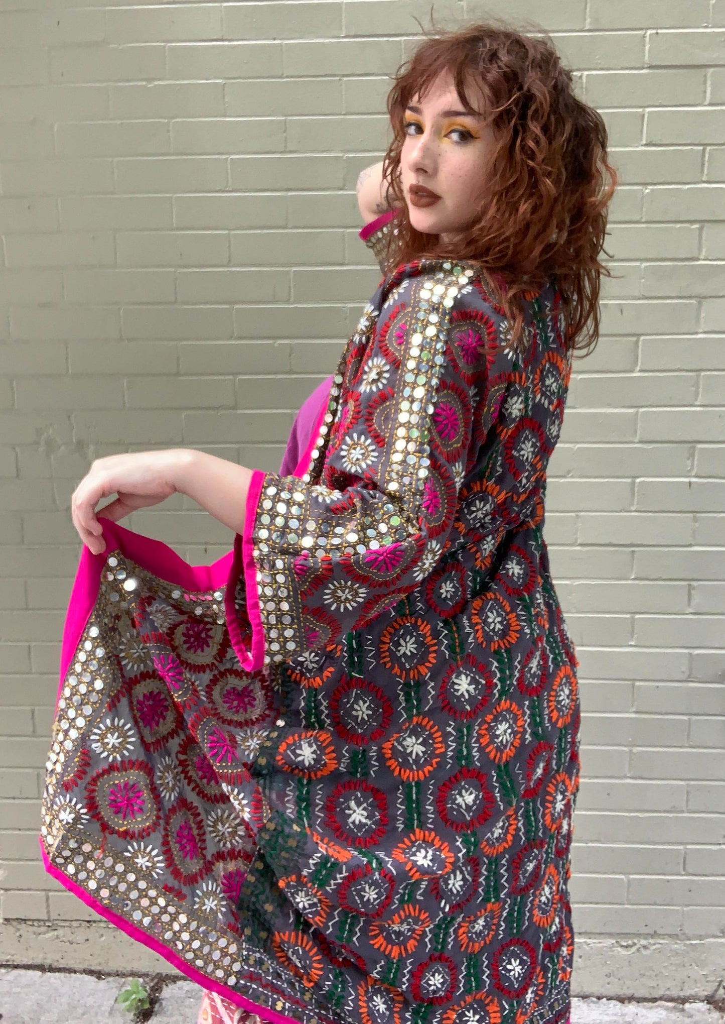 Embellished Embroidered Kimono - Brown/Pink - La De Da