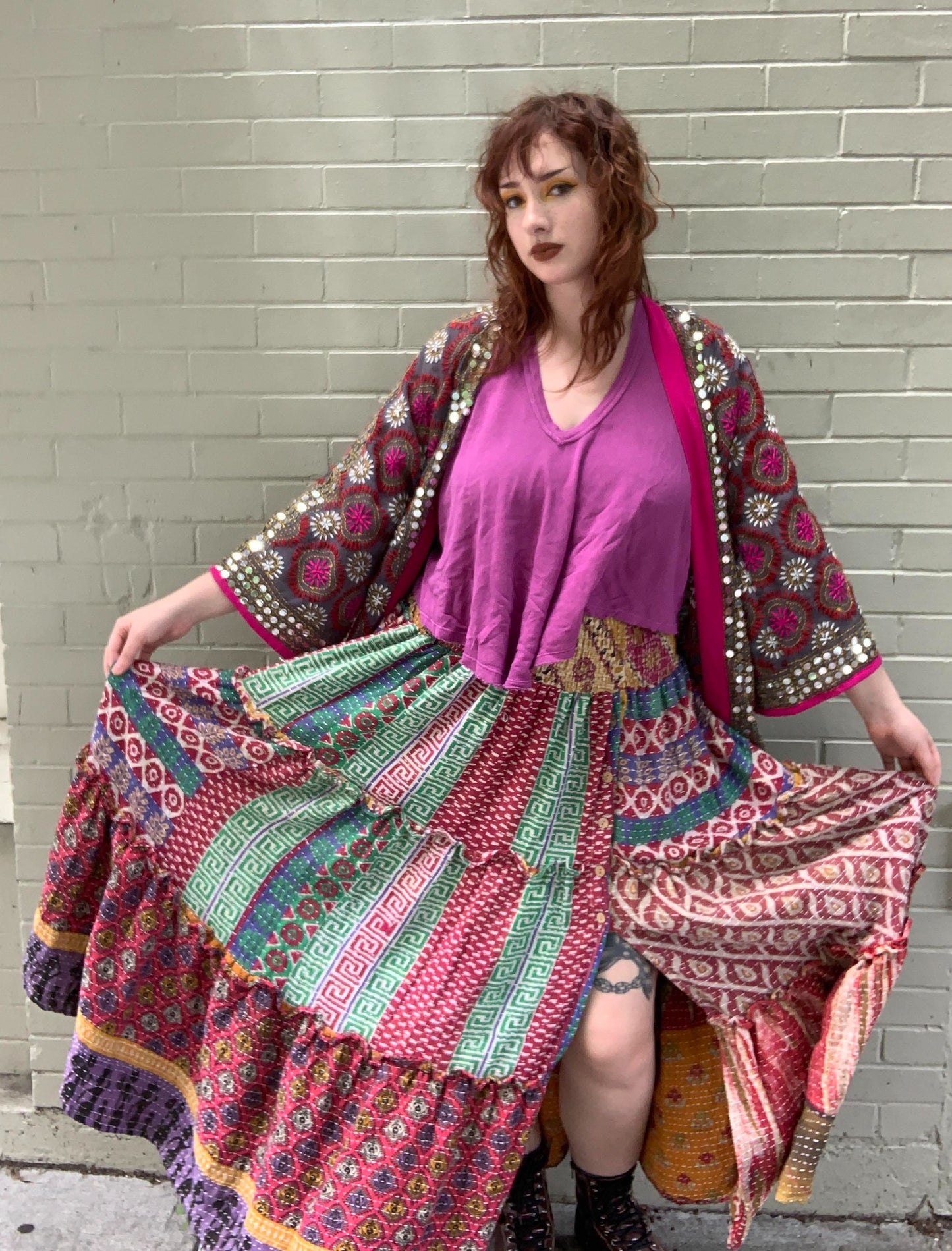 Embellished Embroidered Kimono - Brown/Pink - La De Da